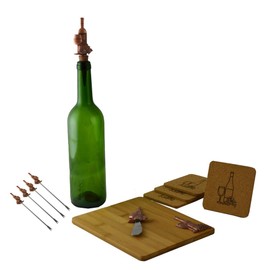Wine and Grape Themed Cutting Board Gift Set with 4 Coasters, 4 Cheese Fork Picks, Bottle Stopper, and a Cheese Knife in Gold