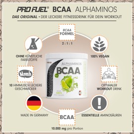 ProFuel BCAA Pulver 900g LIMETTE - Alphaminos BCAA 2:1:1 Drink mit 8000 mg BCAA - unfassbar leckerer Geschmack, Essentielle Aminos?uren (EAA) Leucin, Isoleucin & Valin - vegan - laborgeprft mit Zertifikat