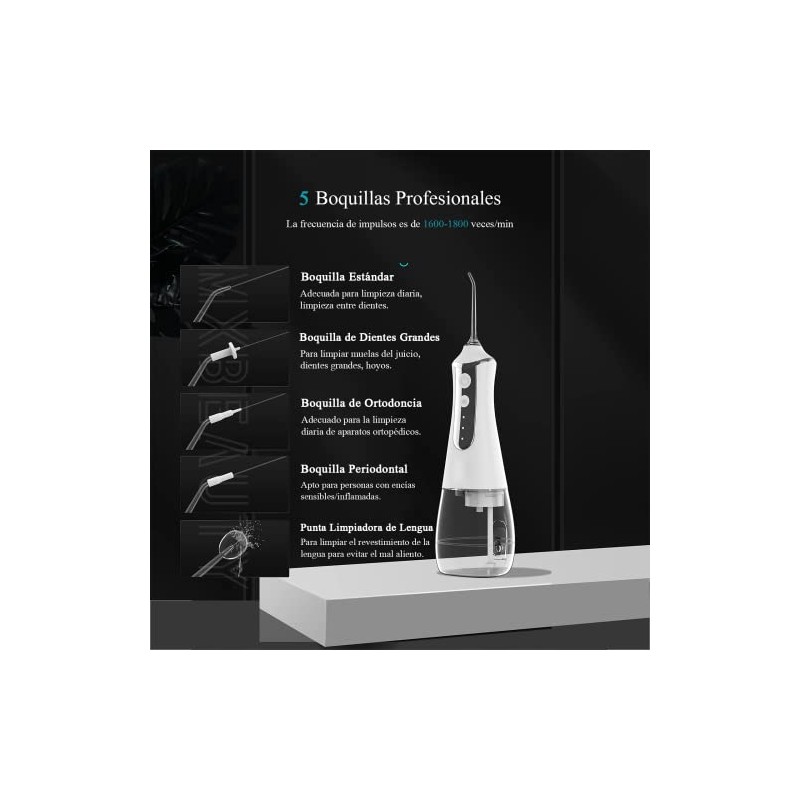 MXBEAUTY Irrigador Bucal Inalámbrico Portatil 300ML,3 Modos,5 Boquillas