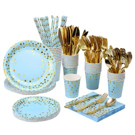 200 Pieces Rose Gold Party Supplies - Rose Gold Paper Plates & Napkins Cups Silverware Serves 25 Sets for Wedding Bridal Shower Engagement Birthday Parties (Blue, 12 * 24 * 24cm)