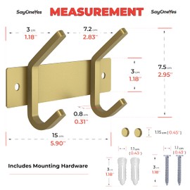 SAYONEYES Brushed Gold Coat Rack Wall Mount with 2 Double Hooks for Hanging – 6 Inch Heavy Duty SUS304 Stainless Steel Rustic Coat Hooks – Hat, Clothes, Purse, Towel Wall Hooks – 1 Pack