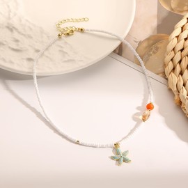 INENIMARTJ Beach Shell Starfish Necklace for Women Boho Starfish Beaded Choker Necklace Surfer Seashell Necklaces Summer Beach Jewelry Mermaid Costume Jewelry for Womens (style D)