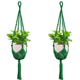 USLAI Macrame Handmade Basket Plant Hanger (2-Pack), for 3-8 Inch Pots, Indoor Outdoor Strong Hanging Planter Flower Pot Holder with Beads and Tassels, Boho Home Decor (POTS NOT Included) (Green)