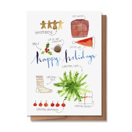 Wunderkid Cute Christmas Card, Happy Holidays Gingerbread & Holly (1 Single Card, Blank inside)