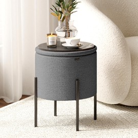 STORAGEBUD Round Ottoman with Storage, Boucle Storage Ottoman, Foot Stool Ottoman, Makeup Vanity Stool, Small Ottoman Foot Rest, Modern Ottomans for Living Room and Bedroom, Grey