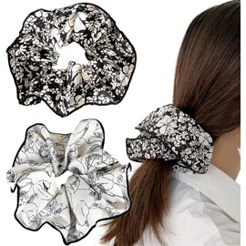 2 PACK Ink Painting Scrunchies, Retro Hair Ties, Hair Scrunchy Ponytail Holder Hair Accessories for Women (White+Black, One size)