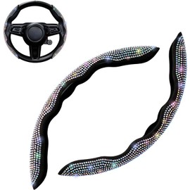 mzoLife Car Steering Wheel Cover, Universal Diamond Bling Steering Wheel Cover, 2 Pieces Segmented Steering Wheel Protector, Safe and Non-Slip Car Accessories (Black, White Diamond)