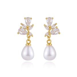 Pearl Earrings for Women, 14k Gold Plated Trendy Cubic Zirconia Pearl Drop Earrings Bridesmaids Brides Wedding Gifts for Women
