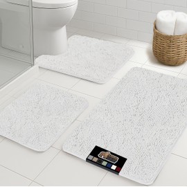 GORILLA GRIP Bathroom Rug Sets 3 Piece, Bath Mat Set and Oval Toilet Base with Rubber Backing, Plush Absorbent Shaggy Chenille Washable Mats, Includes 24x19.5, 24x17 and 36x24 Inch Rugs, White