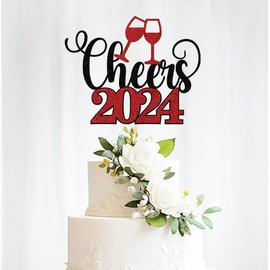 Bejotaa - Decoración para tartas de Año Nuevo 2024, decoración de fiesta de Año Nuevo, Navidad, felices fiestas (Cheers to 2024) (Cheers To 2024, negro y rojo)