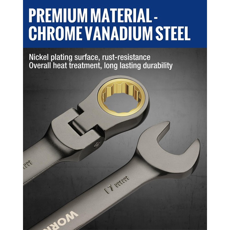 WORKPRO 8-piece Flex-Head Ratcheting Combination Wrench Set, Metric 9-17 mm,
