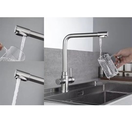 3 Way Drinking Tap Dual Handle Kitchen Sink Faucet, 3 in 1 Faucet for Water Filtration/Cold/hot Water, Stainless Steel Drinking Water Faucet