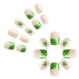 St. Patrick's Press on Nails - Short Square Fake Nails St. Patrick's Day Four-Leaf Clover French Nail Polka Dot Glitter Design Green French Shiny False Nails Sparkly DIY St. Patrick's Tip for Women 24