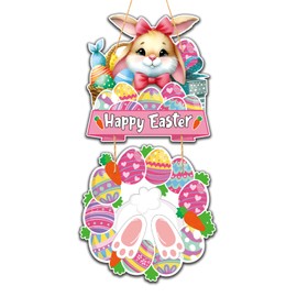 Easter Door Decorations, Happy Easter Bunny Egg Door Sign, Bunny Wooden Door Hanger, Egg Rabbit Wooden Home Decor, Round Rabbit Hanging Door Sign, Welcome Sign