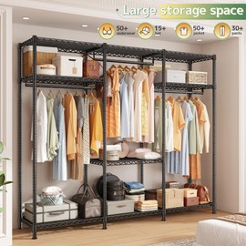 Raybee Heavy Duty Clothes Rack Load 800 LBS, Adjustable Portable Closets for Hanging Clothes, Clothing Rack with Shelves for Bedroom,Basement 56''W x 15.7''D x 75.4''H, Black