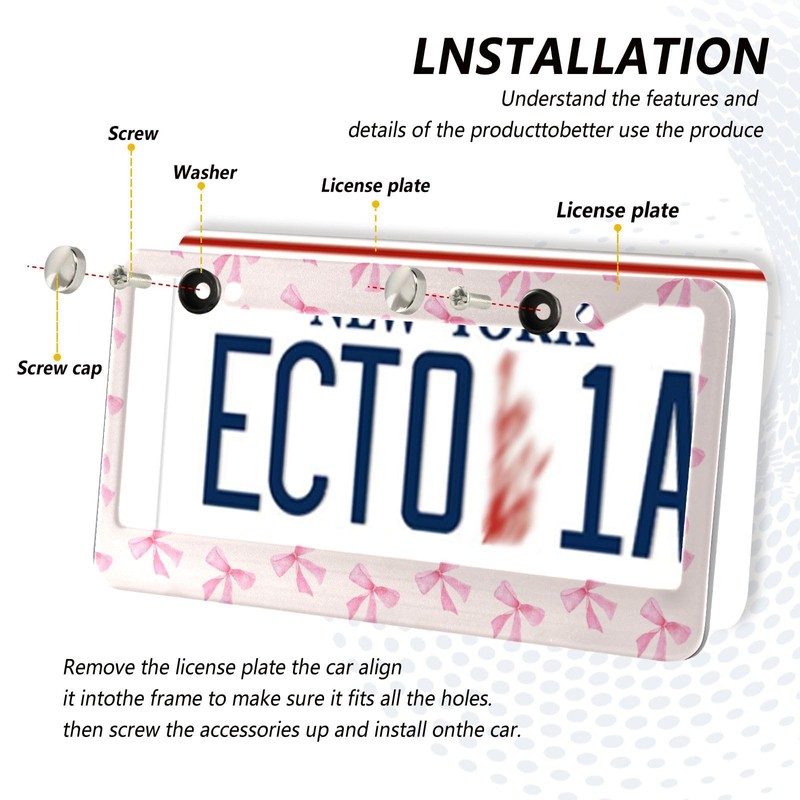 Coikll Pink Bow License Plate 2 Holes Frame Rustproof Aluminium