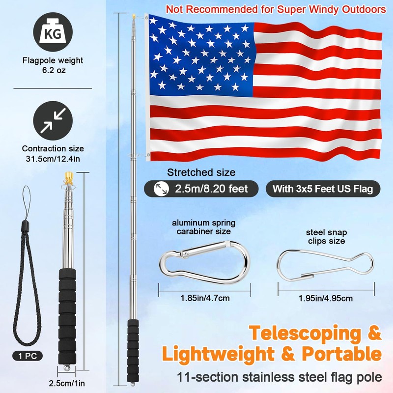 Telescopic Portable Handheld Flag Pole and 3'x5' American US Flag
