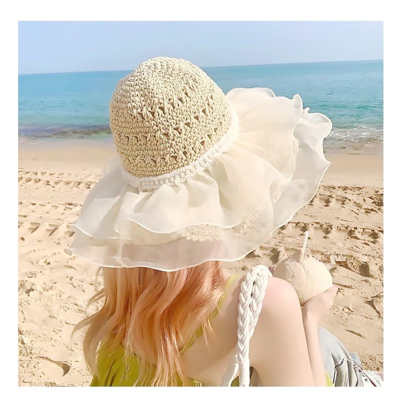 [NAMEOF] オーガンジーフリル 帽子 レディース 麦わら帽子 ハット ストローハット レディース UVカット 日除け帽子