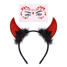 CXNXFD Carnival Devil Horns Glitter Tattoo Face, Devil Horn Hair Accessories Headband, Men Women Children Horn Headpiece Devil Accessories Carnival Party