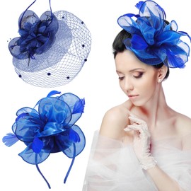 Solsew 2 Packs Fascinator Hats for Women Tea Party Derby Hats Mesh Flower Feathers Headbands and Clips Tea Party Headwear(Royal Blue)