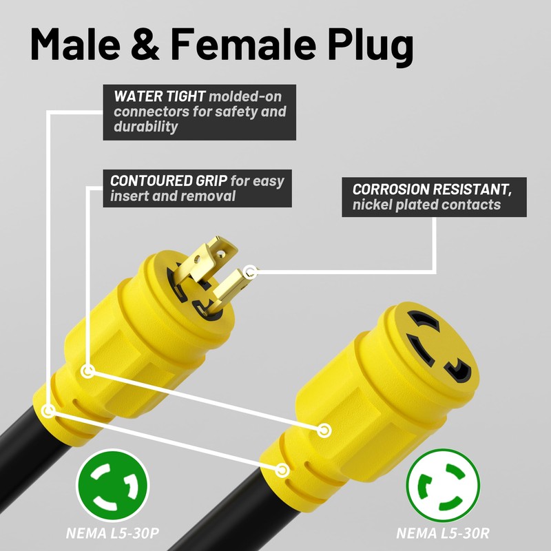 50FT L5-30P/L5-30R 30 Amp Generator Extension Cord, Twist Lock ETL