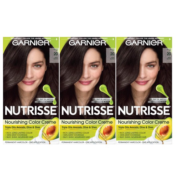 Garnier Nutrisse Nourishing Color Creme, 20 Soft Black (Black Tea), 3-Pack (Packaging May Vary)