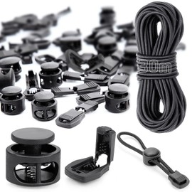 30 m Elastic Rubber Cord 3 mm, Rubber Rope Round Cord Elastic Band with 40 Cord Locks Cord Clamp 20 Cord Locks 2 Holes Black Rubber Cord for Drawstring Backpack Clothing Washing Lines