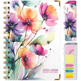 HARDCOVER Academic Year 2025-2026 Planner: (June 2025 Through July 2026) 5.5"x8" Daily Weekly Monthly Planner Yearly Agenda. Bookmark, Pocket Folder and Sticky Note Set (Rainbow Floral)