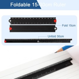 Crumye 30cm folding ruler, Metal Foldable Ruler, 90° Foldable Metal Aluminum Ruler 0-300mm Length Fold Straight Angle Measure Stationery Black for Machine-Made Glass Making