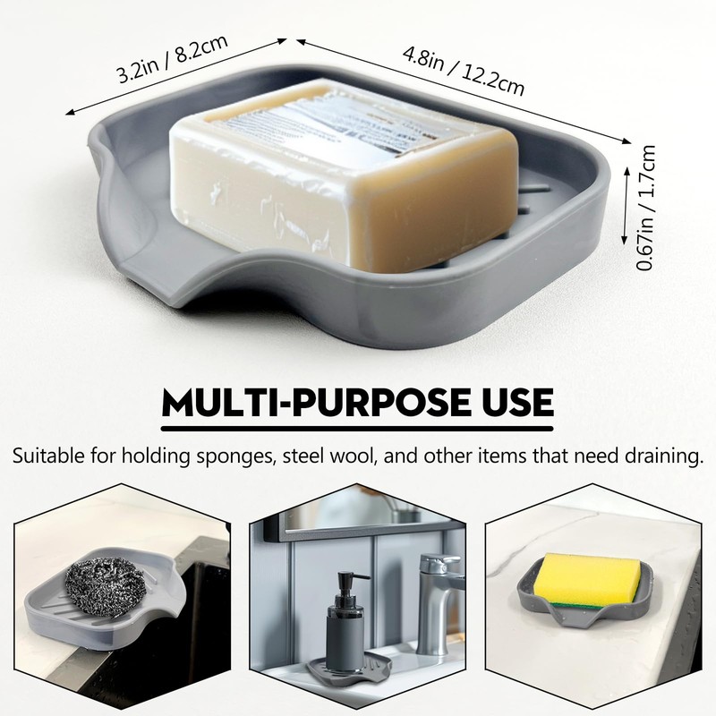 Grey Silicone Soap Dish – Sink Organizer with Drain Spout