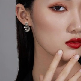 JeanBeau Silver Statement Geometric Knot Earrings for Women Chunky Trendy Lightweight Hollow Long Twisted Link Dangle Drop Earring Dupes Fashion Jewelry Gift