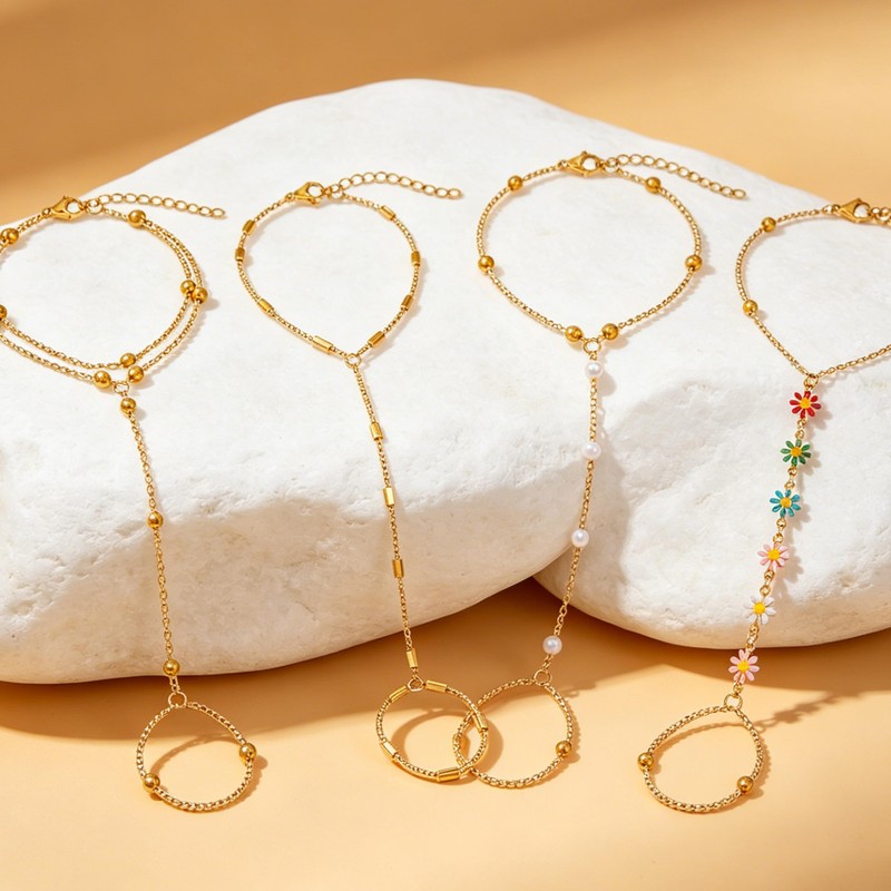 BOMAIL 7Pcs 14K Gold Plated Gold Hand Chain Bracelets for