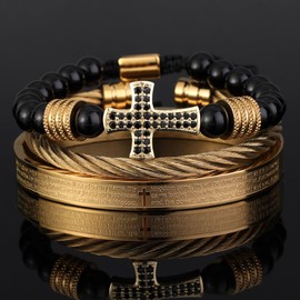 UTHOSMDO 3PCS Cross BLACK Dots, Bible Lords Prayer Encourage Bangle Bracelet Twisted Cable Bracelet Adjustable Cuff Bracelet Mens Luxury Jewelry Bracelets Gifts (BLACK)