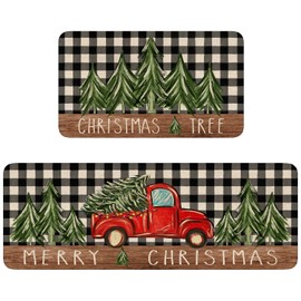 Eikunn Christmas Kitchen Rugs Set of 2,Red Truck Christmas Tree Kitchen Mat for Floor,Winter Holiday Non-Slip Washable Kitchen Sink Mats Kitchen Decor Doormat+Runner Rug