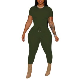 HBQ Women 2 Piece Outfits Sweatsuits Track Suits Crop Tops Biker Long Pants Workout Jogger Sets-Army Green-L