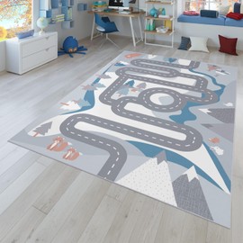 Kids Rug Play Mat Mountain Road with Bears & Trees for Playroom in Blue , Size: 3'11" x 5'3"