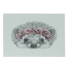 Ambesonne Hedgehog Cutting Board, Greyscale Animal Portrait with Romantic Wreath Hand Drawn Forest Fauna, Decorative Tempered Glass Cutting and Serving Board, Small Size, Pale Grey and Rose