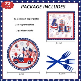 72 Pcs Patriotic Paper Plates American Flag Party Dessert Plates Napkins Forks Tableware Set Disposable Party Decoration Supplies for Veterans Day 4th of July Independence Day Election Day, Serve 24