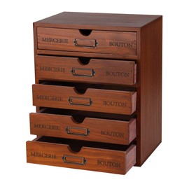 Wooden Storage Box with 5 Drawers Apothecary Drawers Vintage Wooden Drawers Wood Desktop Organizer with Drawers Countertop Drawers Library Card Catalog Cabinet Apothecary Cabinet （BROWN）