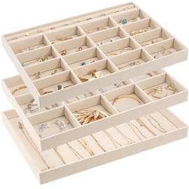ProCase Stackable Large Jewelry Drawer Organizer, 3 Pack Velvet Jewelry Organizer Tray with Removable Dividers for Earring Necklace Bracelet -Beige