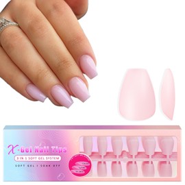 KQueenest Light Pink Natural Gel x Nail Tips Short Coffin, 300 Pcs Soft Gel Press on Nails Short Ballerina, Natural Fake Nail Acrylic Nail with Tip Primer, Colored Gel Tips Nails Kit for Home Salon