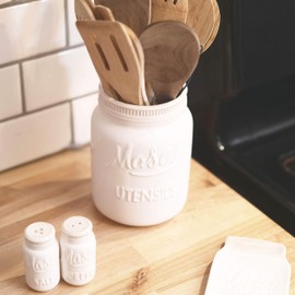 Mason Jar Utensil Crock Ceramic - White Utensil Holder for Kitchen Counter - Ceramic Crock for Kitchen Utensil Organizer - Dishwasher & Microwave Safe Kitchen Utensil Holder for Countertop (White)