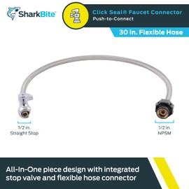 SharkBite 1/2 Inch Straight Stop x 1/2 Inch NPSM Click Seal Faucet Connector x 30 Inch, Push to Connect Brass Plumbing Fitting, PEX Pipe, Copper, CPVC, PE-RT, HDPE, 24687