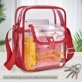 SPODEARS Red Clear Tote Bag for Stadium Events, Concerts - 10.5"x8.5" Crossbody Purse with Adjustable Shoulder Strap & Bottle Holder