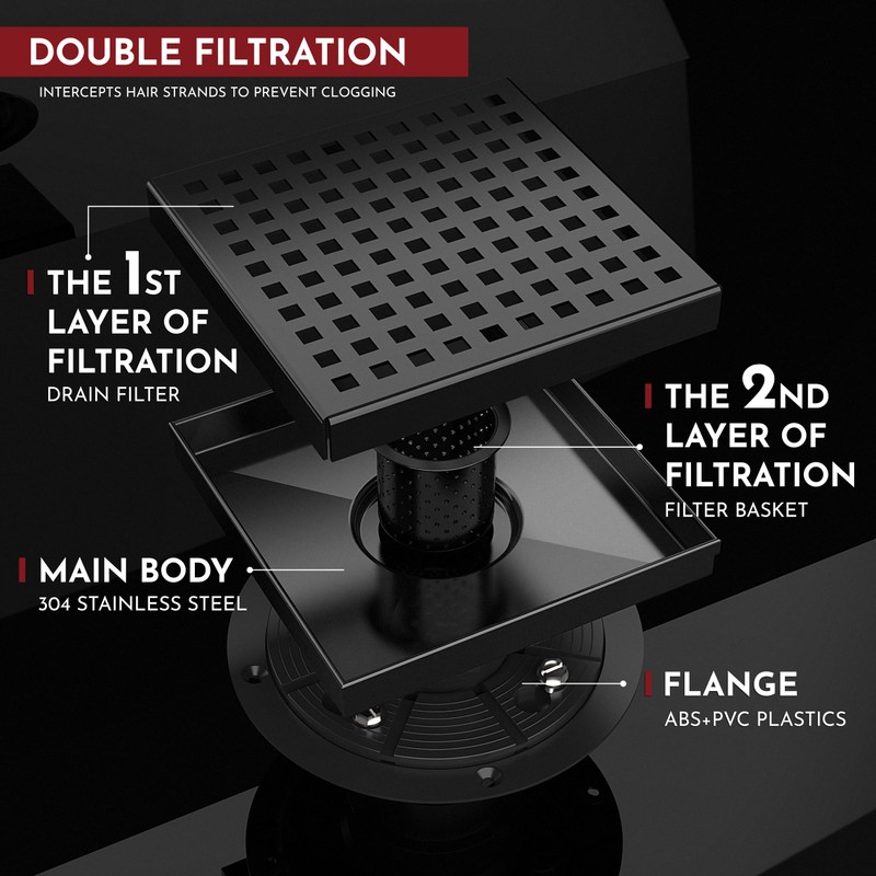 WEBANG 6 Inch Square Shower Drain Black Floor Drain with