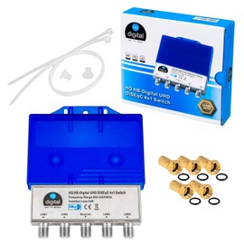 1x HQ DiseqC Switch 4/1 with Weatherproof Housing HB-DIGITAL 4X SAT LNB 1 x Subscriber/Receiver for Full HDTV 3D 4K UHD + 5 x Gold-Plated F-Connector Gold-Plated
