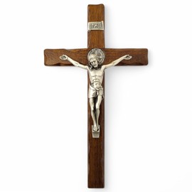 Wall Cross - Crafts Made in Italy Christ and INRI Silver Plated 999 - Wooden Crucifix Saint Benedict Caring and Precision of the Details of the Jesus Crucifix - Saint Benedict - 32 x 18 cm