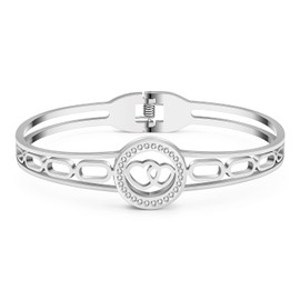 DUOWEI Cute Love Heart Cuff Bracelet Bangle Stainless Steel 18K Real Gold Plated Couple Hearts Birthday Valentines Charms for Women Girls Girlfriend (Silver B)