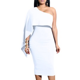 GOBLES Women's Summer Sexy One Shoulder Ruffle Bodycon Midi Cocktail Dress White