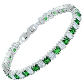 RIZILIA Ice Cube Princess Cut Simulated Green Emerald CZ 18K White Gold Plated Tennis Bracelet, 7"